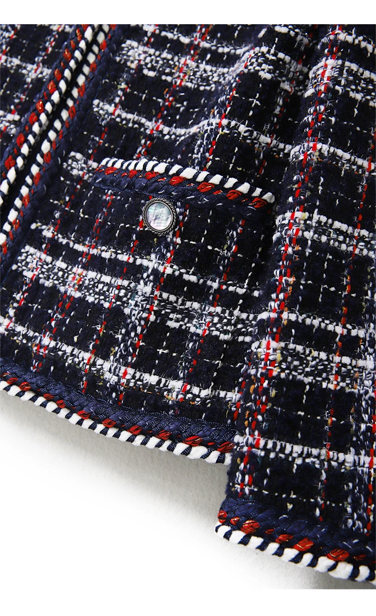 Handmade Luxury Blazer Suits for Women Vintage O Neck Grid Tweed Buttons Wool Short Blazers Coat