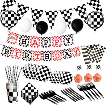

Black White Grid Racing Car Birthday Party Supplies for Kids Disposable Party Tableware set Paper Cups Napkins Plates Tablecloth