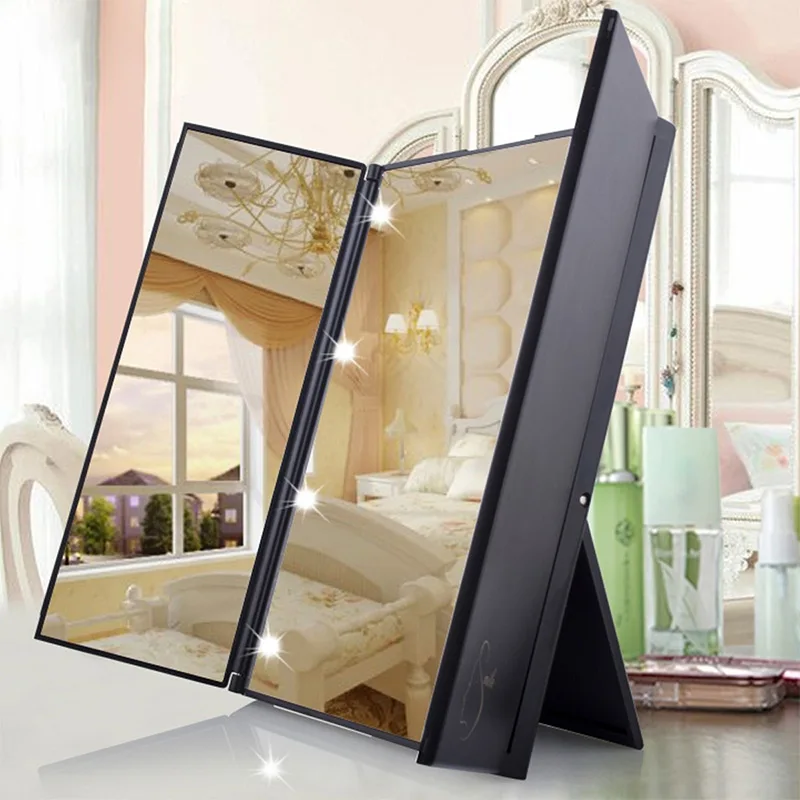 Newly Tri-Fold Makeup Mirror with LED Light Portable Travel Compact Pocket Mirrors Travel Fold Cosmetic Mirror CTN88