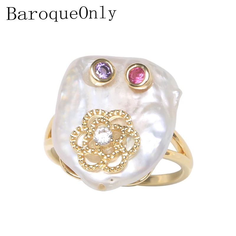 BaroqueOnly цветочный дизайн 925 Стерлинговое серебрянная пуговица квадратное жемчужное кольцо натуральный белый жемчуг ювелирные изделия Регулируемые кольца Подарки RBB