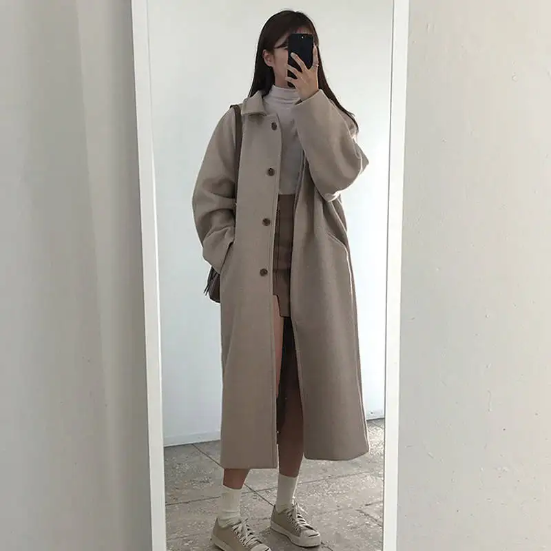 Heydress осеннее зимнее шерстяное пальто простое однотонное однобортное женское длинное шерстяное пальто с отложным воротником для отдыха