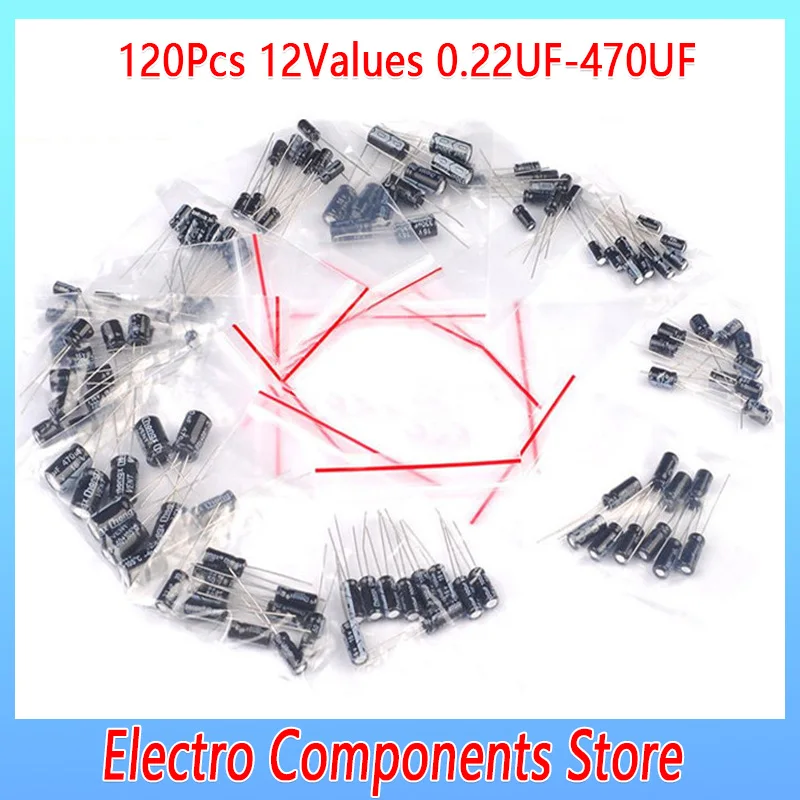 120Pcs Aluminum Electrolytic Capacitor Assortment Kit 50V 25V 16V 0.22μF 0.47μF 1μF 2.2μF 4.7μF 10μF 22μF 33μF 47μF 100μF 220μF |