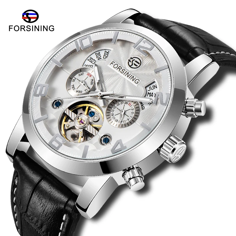 

Men FORSINING Mechanical Watch Tourbillon Stainless Steel Case Leather Strap Date Year Month Display Luminous Men Wristwatch