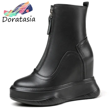 

DORATASIA Increasing Height Platform Shoes Stylish Boots Women Genuine Leather Round Toe Zipper Chunky Ankle Boots