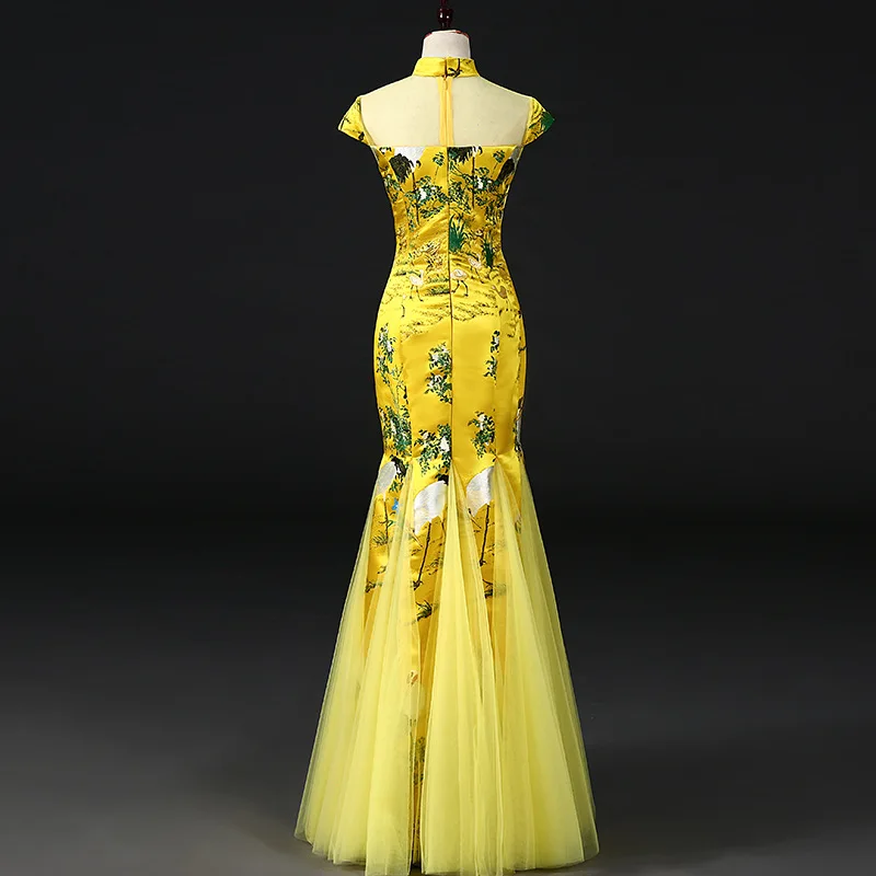 Желтый китайский стиль женские свадебные Cheongsam ретро сексуальные тонкие вечерние платья свадебное платье Qipao Мода Леди Vestido S-3XL