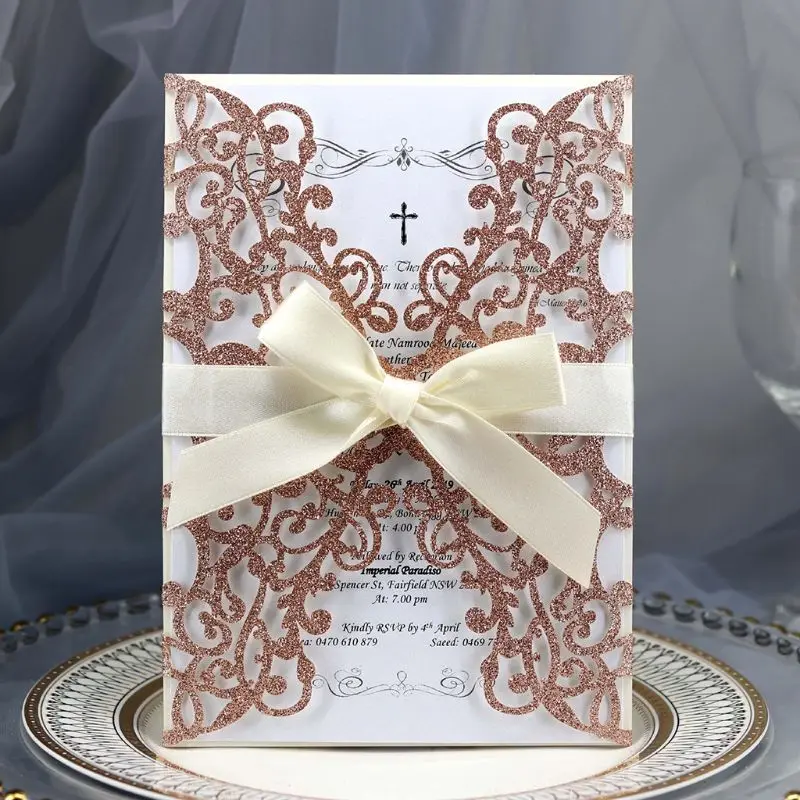  10pcs/set 10pcs/set Laser Cut Lace Rose Drill Glitter Wedding Invitation Cards With Bow Ribbon For  - 4.00036E+12