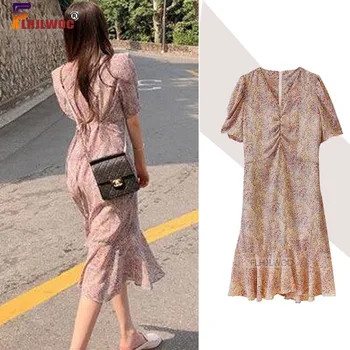 

Temperament Ruffled Puff Sleeve Long Chic Dress Korea Japan Style Draped Bow Tie Floral Print Summer Women Dress Cute Flhjlwoc
