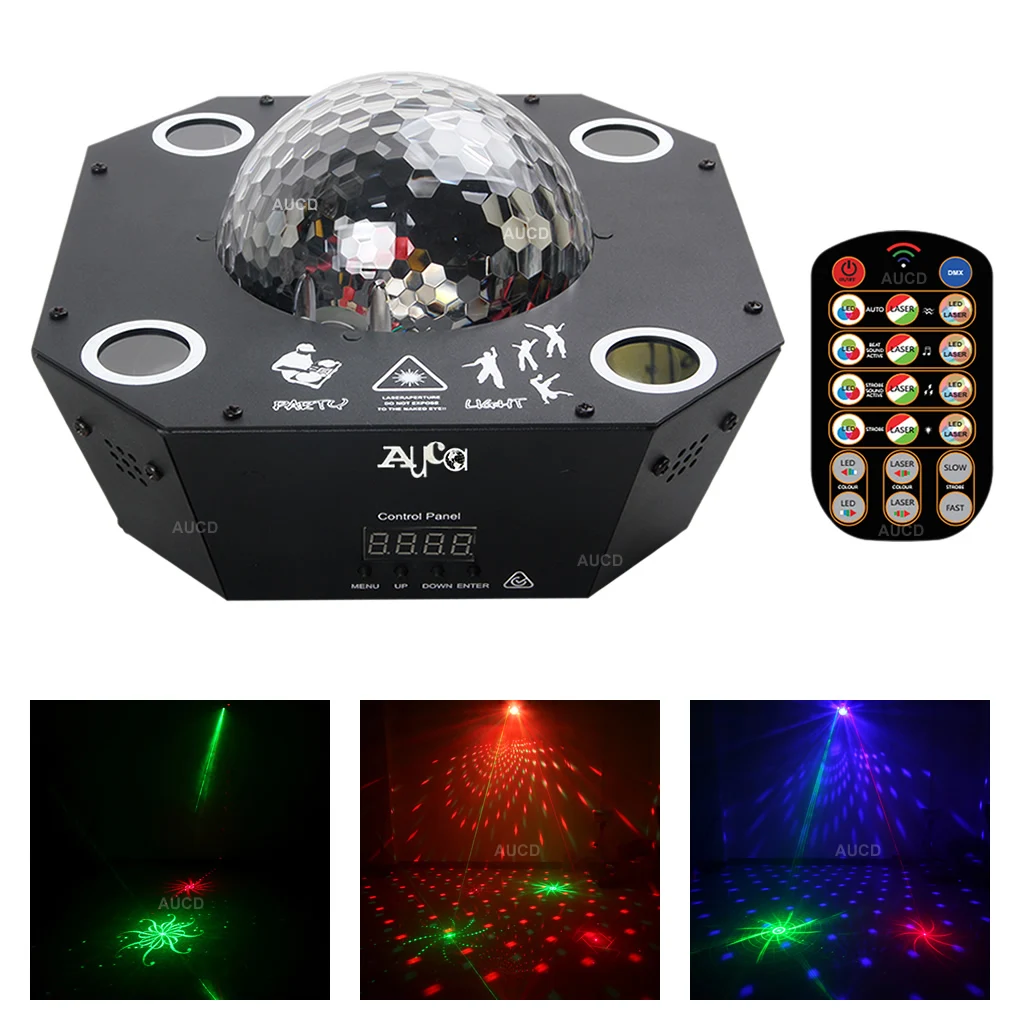 

AUCD Remote 4 Eye 30 Big Patterns RGRG Laser Lights Mix RGBW LED Disco Ball DMX Projector Lamp DJ Party Show Stage Lighting WQ35