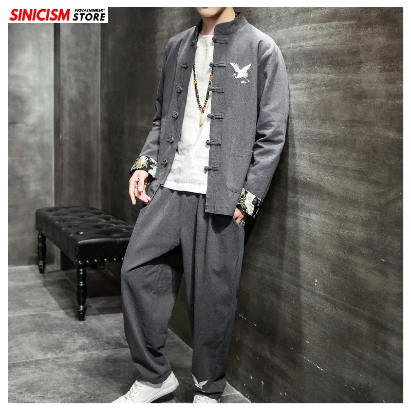 

Sinicism Store 2020 Men Buckle Casual Spring Loose Tracksuit Mens Chinese Style Suit Sets Male Embroidery 2 Piece Sets Clothing
