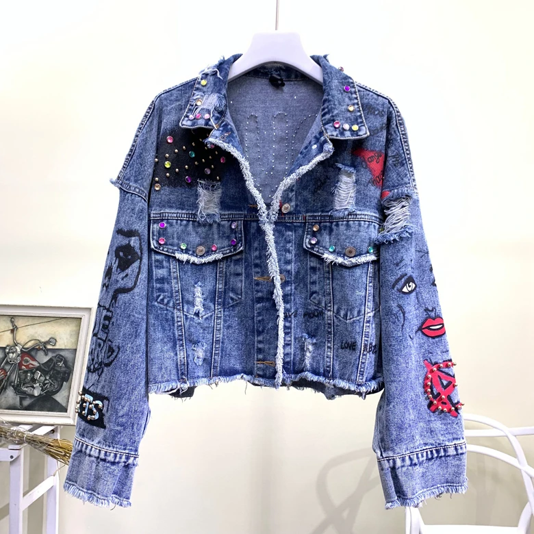Greatest Street Denim Jacket for Women 2019 Autumn New Graffiti Cowboy Short Coat Female Personality Hole Ri