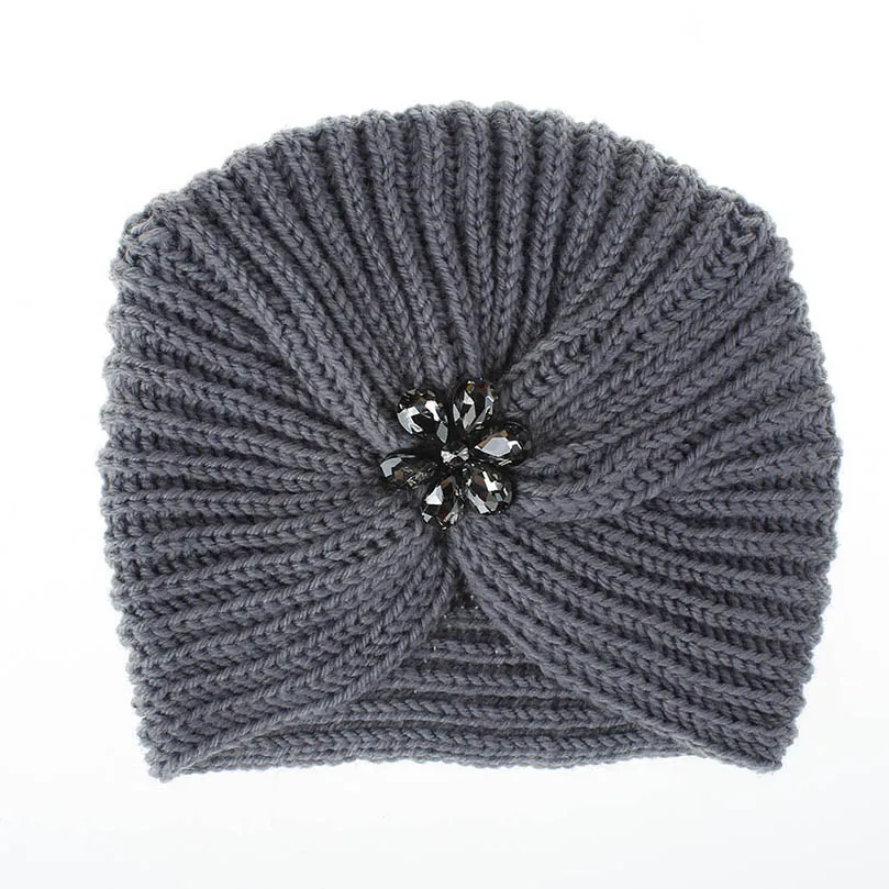 AWAYTR Зимняя шерстяная шапка в богемном стиле, женская шапка с цветочным узором, стразы, вязаная шапка для женщин, модные аксессуары для волос - Цвет: Gray