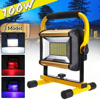 

100W LED Portable Rechargeable Floodlight Waterproof Spotlight Battery Powered Searchlight Outdoor Lamp Camping White Red Blue