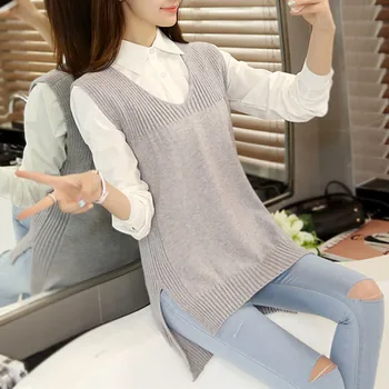 

2020 Spring Autumn Sweater Vest Women V-Neck Knitted Long Vest Female Korean Casual Knit Tops Pullovers Sleeveless Outwear
