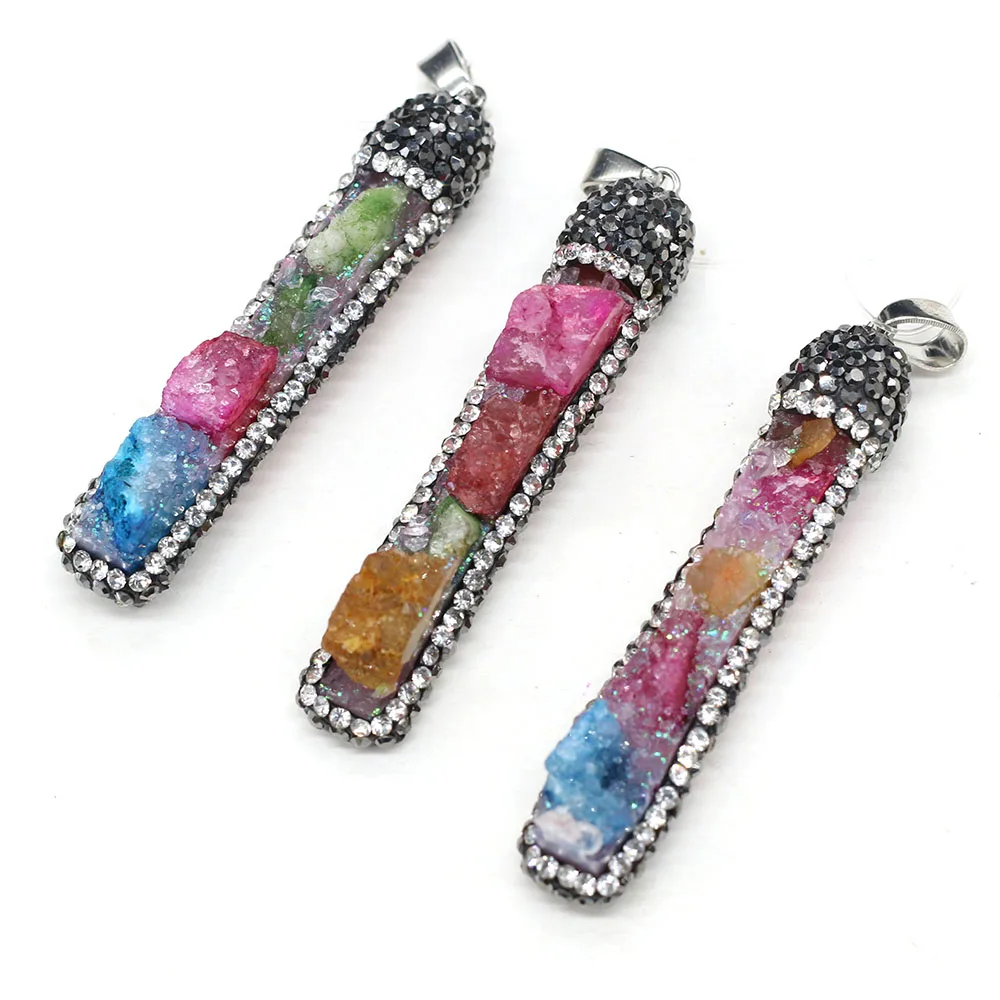 Natural Stone Pendant Rectangle Shape Crystal Set Drill Exquisite Charm for Jewelry Making DIY Necklace Earrings Accessories | Украшения и