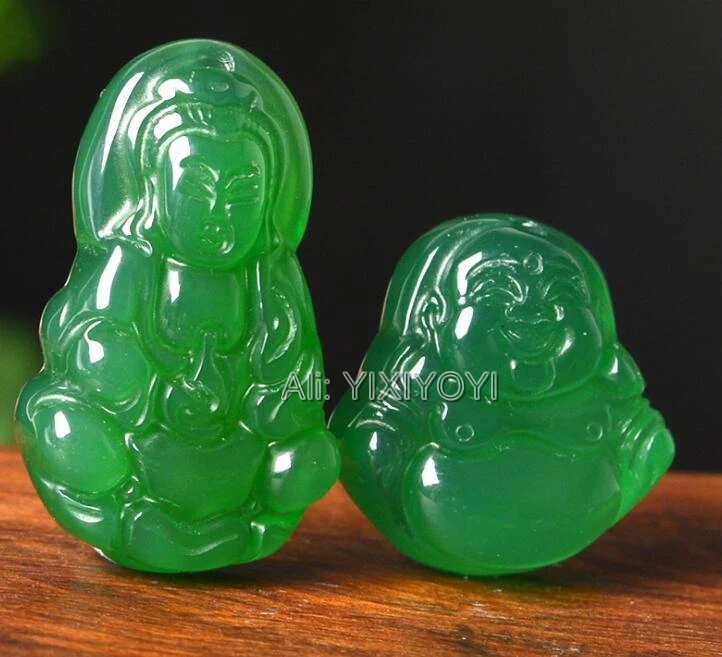 Красивый ручной работы Природный зеленый агат нефритовый резной Гуаньинь, Будда пары, счастливый кулон+ веревка ожерелье, ювелирные украшения