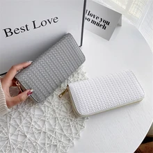 

2022 Women Weave Wallet Leather Wrist Handle Phone Case Long Section Money Pocket Pouch Handbag Women Purse Card Holder Wallet