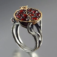 Anillo Vintage de Color plata con forma de Granada y fruta roja, anillo de Color granate para mujer