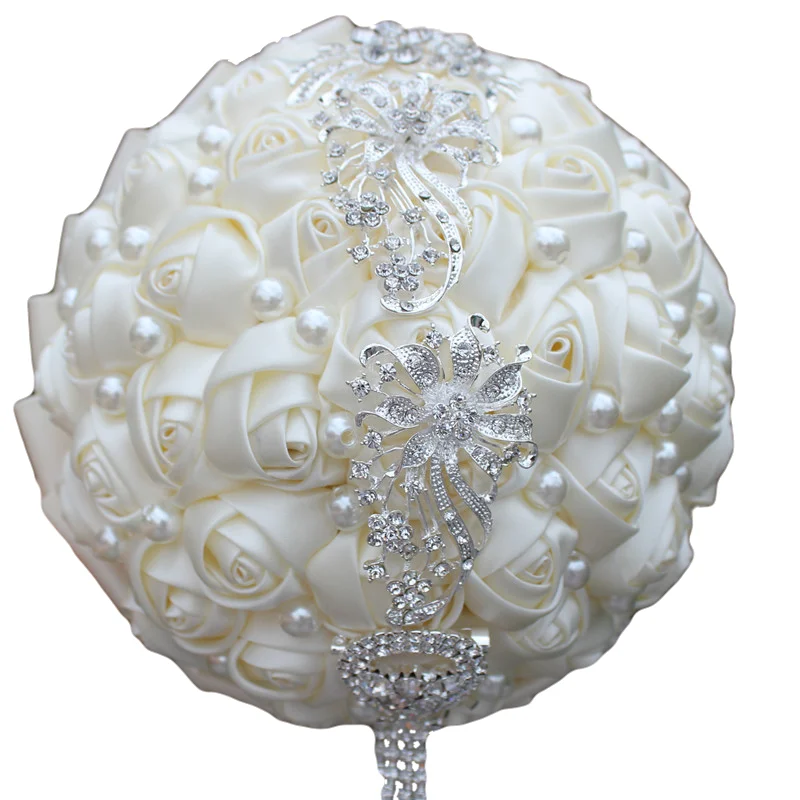 18cm ivory WifeLai-Свадебный букет невесты, атласная лента, держащая цветы, кисточки, бриллианты, королевские синие свадебные букеты невесты W229 - Цвет: 18cm ivory