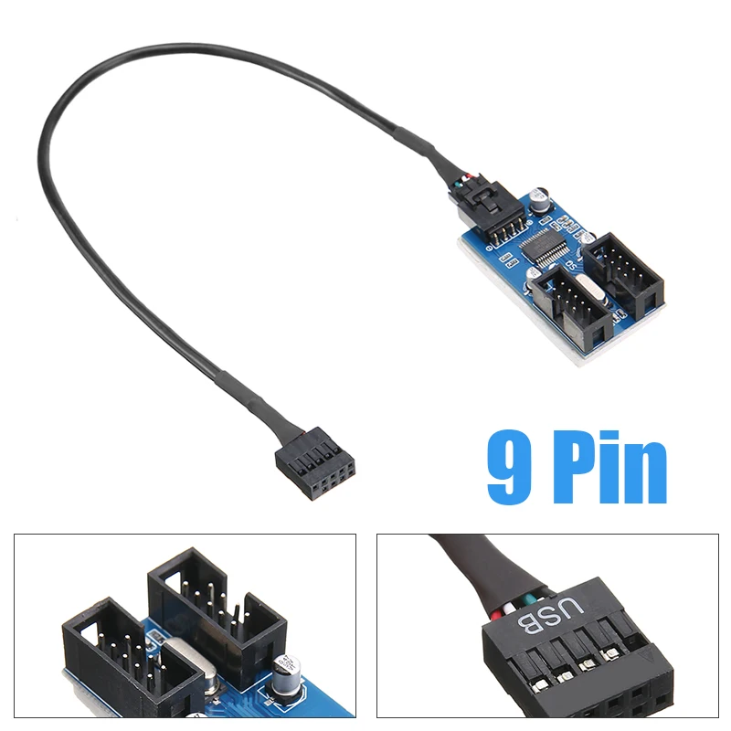 

30cm/1 ft USB Header Cables Mainboard 9 Pin Male 1 To 2 Female Extender Cable 9P USB2.0 Port HUB Adapter