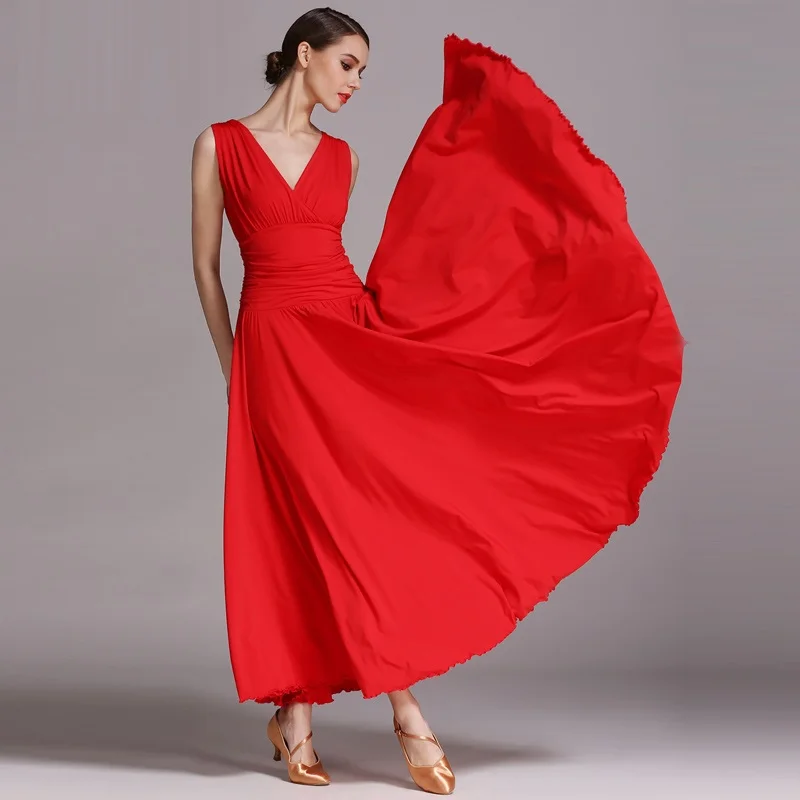 

Ballroom Dance Dress Women Red Costume Ice Silk Sleeveless V Collar Waltz Evening Dresses Ballroom Dancing Performance