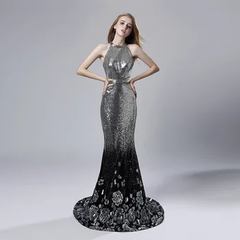 

Sexy Evening Dress Long Sequin Silver Mermaid Backless Open Back Halter Arabic Party Gowns Sleeveless Robe De Soiree LSX536