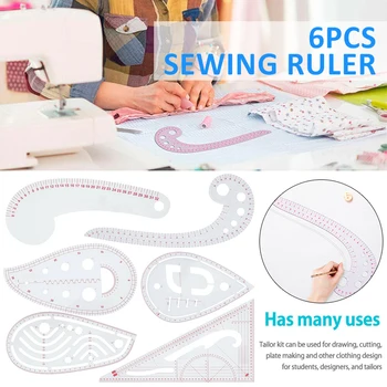 

6Pcs Sewing Ruler Set French Curve Ruler Set Plastic Cutting Ruler Paddle Wheel Metric Measure Clothing Dressmaking Tailor Tool