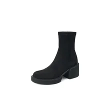 

Stretch Flock Women Boots Winter Fashion Slip-On Round Toe Chunky Heel Ankle Boots Handmade Women Shoes Platform Stretch Boots