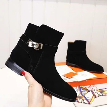 

Real Leather Platform Boots Fashion Designer Ankle Boots Women Buckle Design Flat Heel botas de invierno para mujer Short Boots