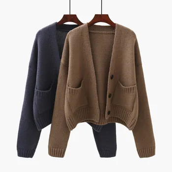 

PEONFLY Women's Knitted Cardigan Sweaters Female Casual Single Breasted V Neck Solid Color Sweater Women Knitted Coat Jacket