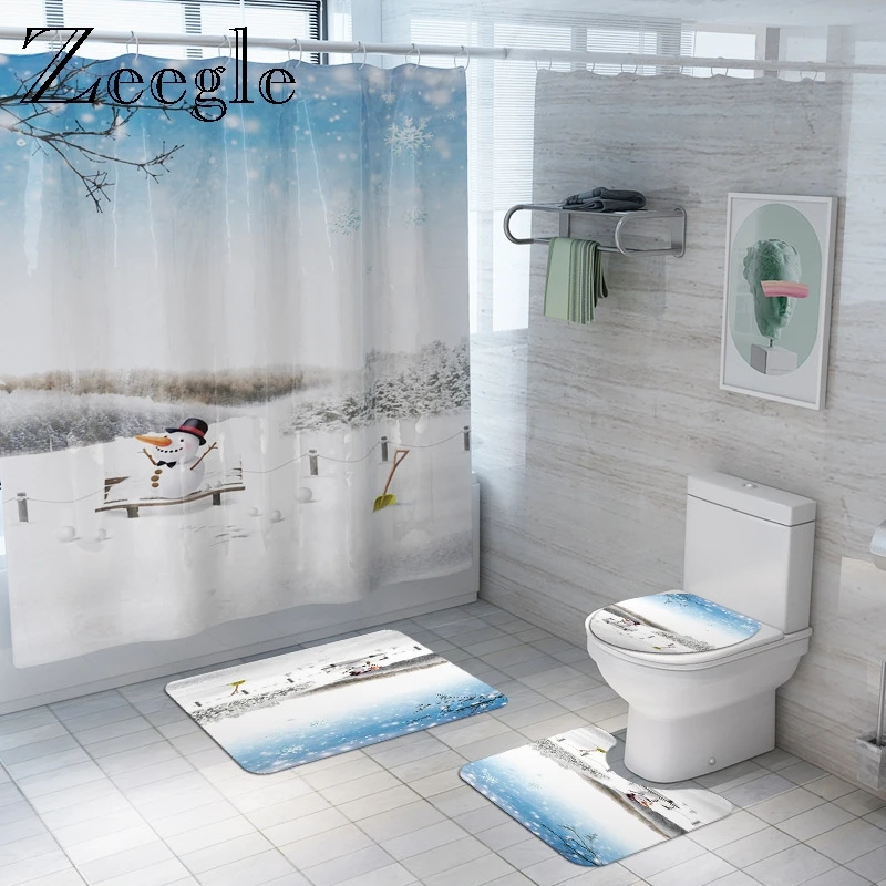Zeegle Shower Curtain with Bath Mat Set Printed Snow Toilet U Type Rug Toilet Decor Rug Anti-slip Bath Doormat Soft Floor Rug