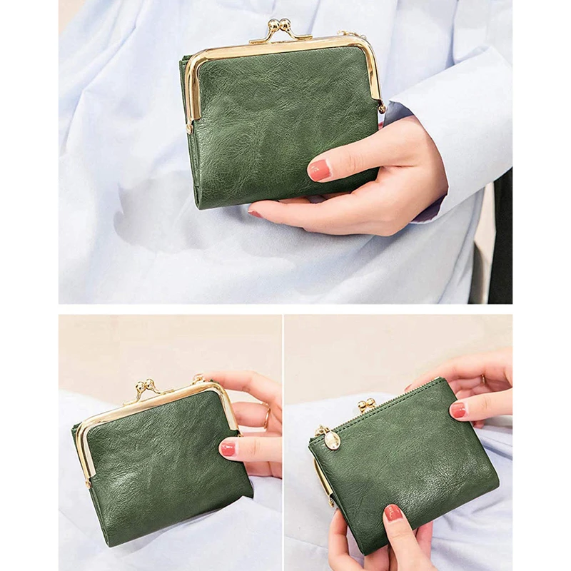 Women's Wallet Short Bifold Retro Multifunction Coin Purse with Zip and Kiss Lock Green PU Leather Female Short Purses