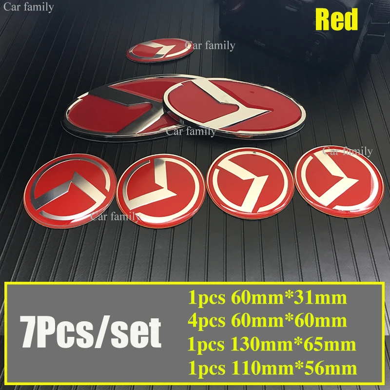 

Red Car Accessory Kit Emblem 7X Front/rear Emblem Covers Epoxy Wheel Cap Decal Steering Wheel Sticker 130MM 110MM 60MM 31MM