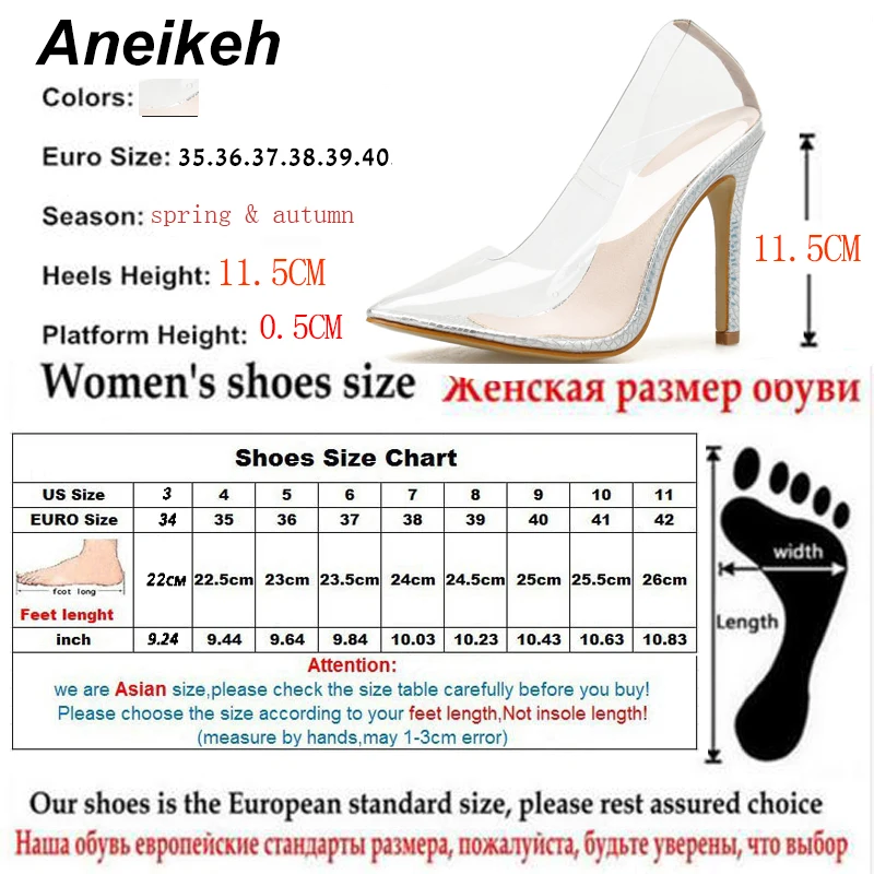 Aneikeh/; выразительные модные пикантные прозрачные женские босоножки из ПВХ; обувь на тонком высоком каблуке; туфли-лодочки с острым носком; однотонные слипоны; Размеры 35-42