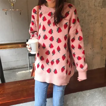 

Fall Women Strawberry Jacquard Sweater Sweet Long Sleeve Loose Sweater Harajuku O-neck Plus Size Sweater