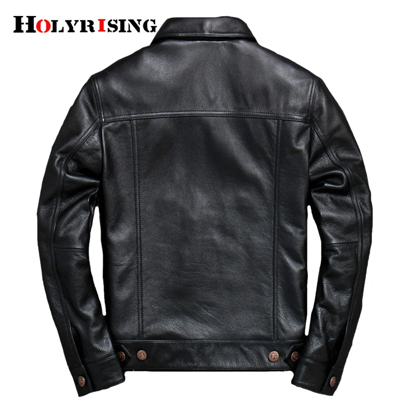 Holyrising Men Cow leather Jackets VintageTurn Collar Outerwear Casual Leather Jacket Motorcycle Overcoat Black Topcoats 19026-5