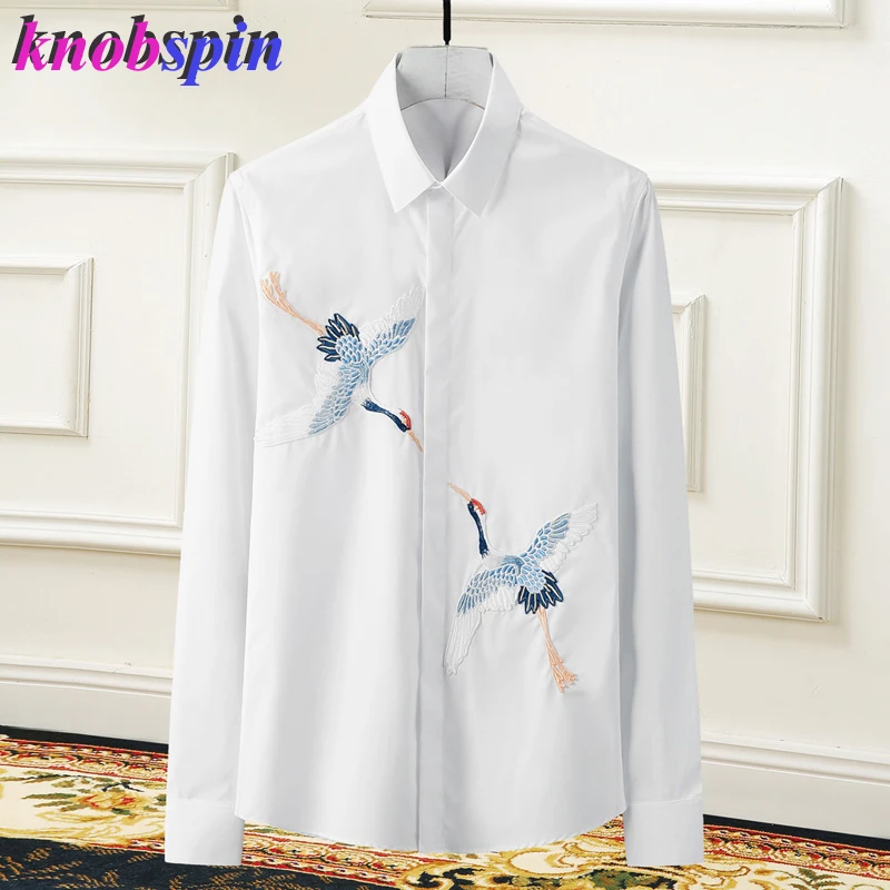Белый Роскошная брендовая мужская рубашка с вышивкой Chemise homme manche longue, однотонная тонкая одежда в уличном стиле, мужские рубашки Camisa - Цвет: Белый