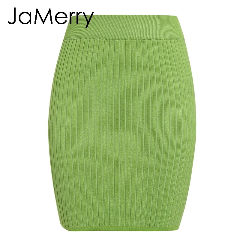 Зеленый JaMerry/Винтажные женские юбки с эластичным поясом; сезон осень-зима; теплая трикотажная прямая юбка в рубчик; однотонная короткая мини-праздничная одежда юбка - Цвет: Зеленый