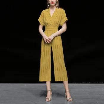 

Seifrmann Summer Fashion Runway Designer Office Women Suits V-Neck Striped Sashes Blouse＋Ladies Midi Pants 2 Two Pieces Set
