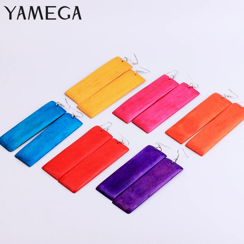 Серьги YAMEGA из натурального дерева женские Длинные прямоугольные украшения