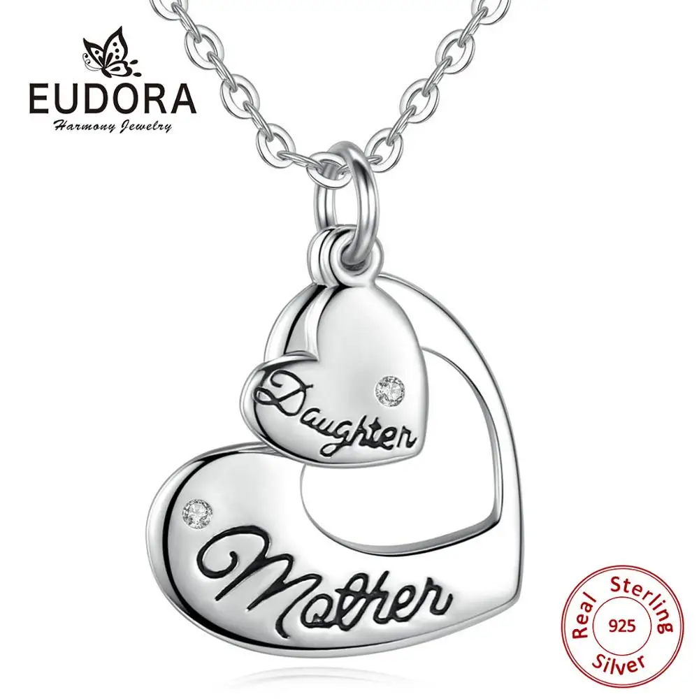 Eudora 925 серебро Engarved "мать дочь" Двойное полое сердце кулон ожерелье Простой специальный подарок семья ювелирные изделия CYD062