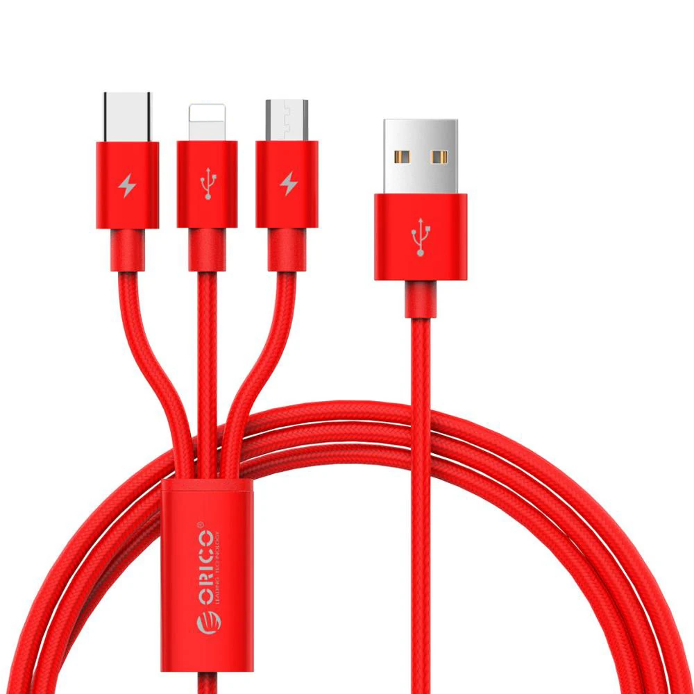 ORICO USB кабель 3 в 1 для iPhone X 5 6 7 8 кабель для мобильного телефона 2 в 1 type C Micro USB кабель для телефона Android кабель для зарядного устройства - Цвет: Красный