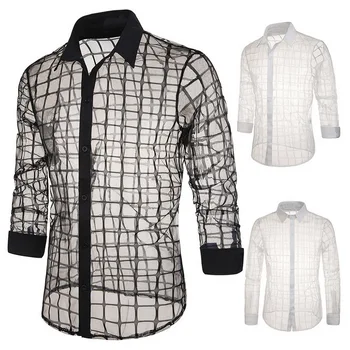 

Fashion Men's Plaid Transparent Lapel Shirt Autumn Stage Shirt Slim Transparent Men's Long Sleeve Shirt
