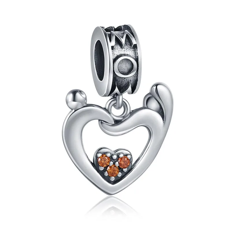 925 Sterling Silver "Mom" in Beaded Heart Charm