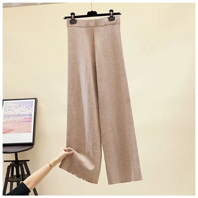 Beige Женские новые мягкие восковые удобные трикотажные широкие шерстяные штаны с высокой талией, повседневные Однотонные эластичные свободные штаны серого цвета и цвета хаки - Цвет: Beige