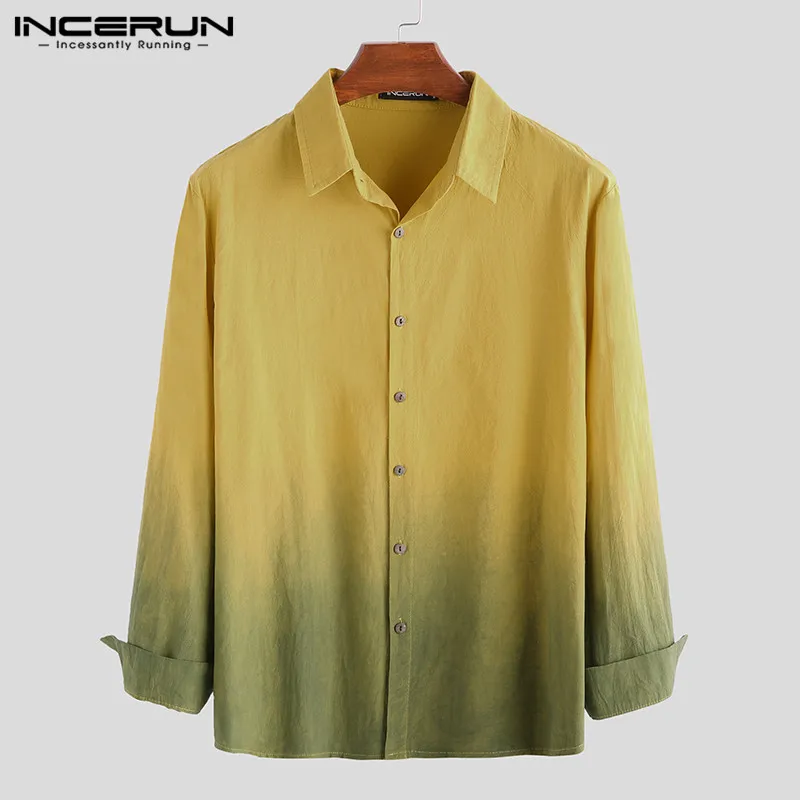 Yellow INCERUN, корейский стиль, градиентные цвета, мужские топы, длинный рукав, лацканы, хлопковая рубашка, осенняя мода, Harajuku, на пуговицах, Мужская Повседневная Блузка - Цвет: Yellow
