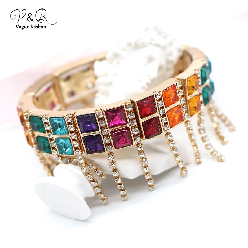 Gold Plated Rhinstone Paving Chunky Statement Party Bangle Bracelet , Gold Plated Multi-color Rhinestone Paving Stone Chain Dangling Statement Party Bangle Bracelet for Women    (2)