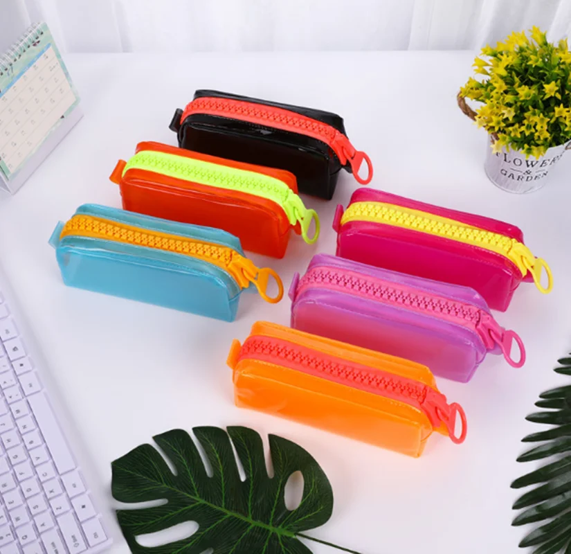 Transparent Big zipper leather pen case fabric pencil bag etui a crayons cuir pencil pouch stifte tasche pencil case school