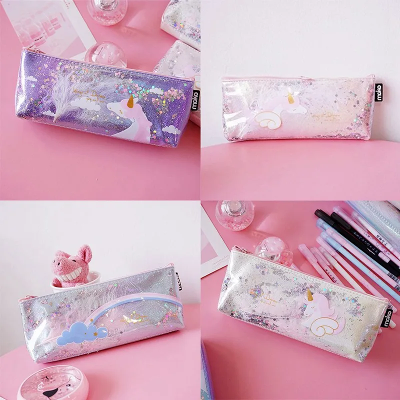 Unicorn Pencil Case Rainbow Feather Pencilcase For Girl Stationery School Cute Pen Box Student Supply Sequin Cosmetic Bag