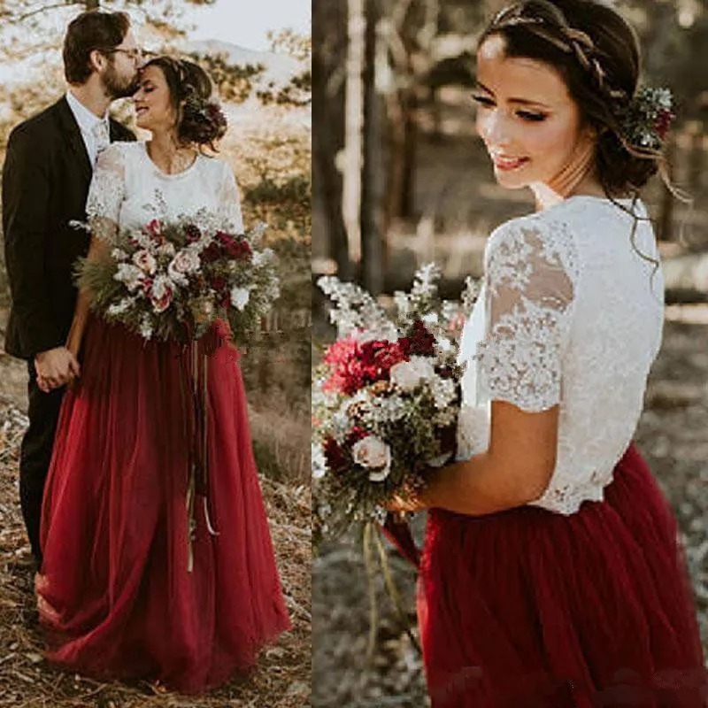 2018-country-wedding-dress-vintage-two-pieces-ivory-lace-top-dark-red-burgundy-tulle-skirt-floor-length-bridal-gowns-bridesmaid-dresse_副本