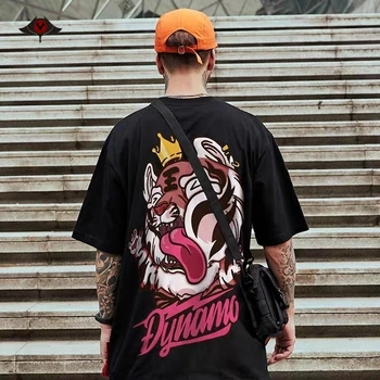 

Hip Hop Raving Tiger Cartoon T Shirts Men Streetwear Element Print Cotton Tees Plus Size Male